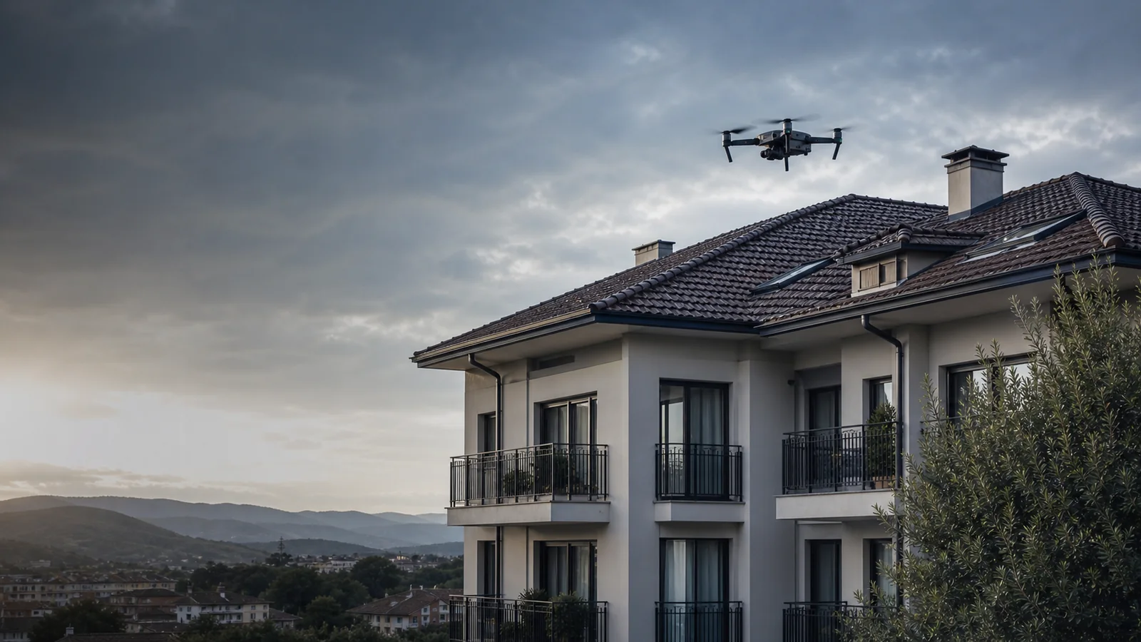 Drone che monitora tetto e facciata di un condominio
